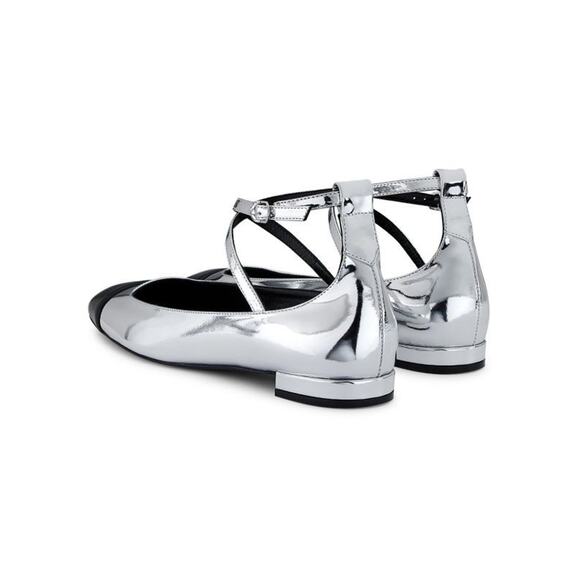 STUART WEITZMAN Silver & Black Cap Toe Leather Eden Cross-Strap Ballet Flats 7.5 - Picture 8 of 16